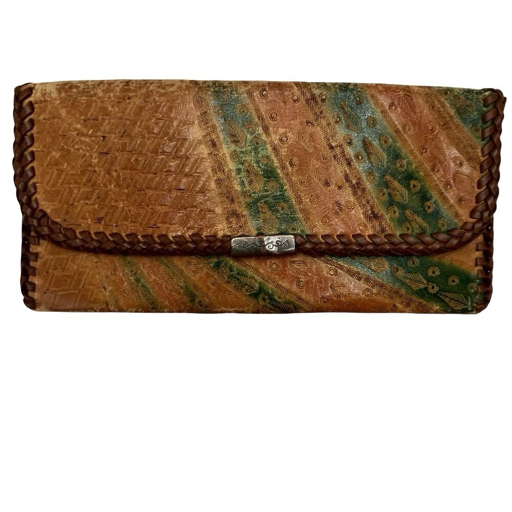 Vintage Hand Tooled Leather Wallet Braided Trim, Floral Embossed